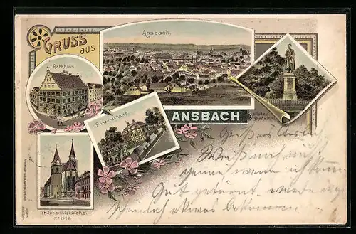 Lithographie Ansbach, Ortsansicht mit St. Johanniskirche, Rathaus