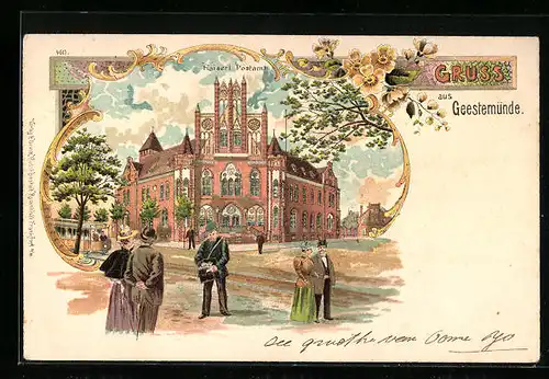 Lithographie Geestemünde, Kaiserl. Postamt mit Besuchern