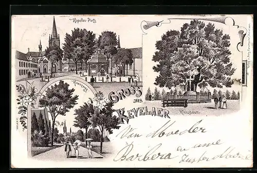 Lithographie Kevelaer, Kapellen-Platz, Kreuzweg mit Kreuzbaum