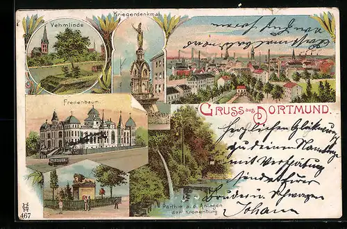 Lithographie Dortmund, Ortsansicht, Kriegerdenkmal, Fredenbaum