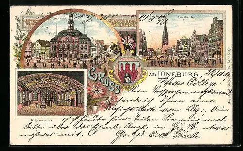Lithographie Lüneburg, Strassenpartie Am Sande, Rathaus