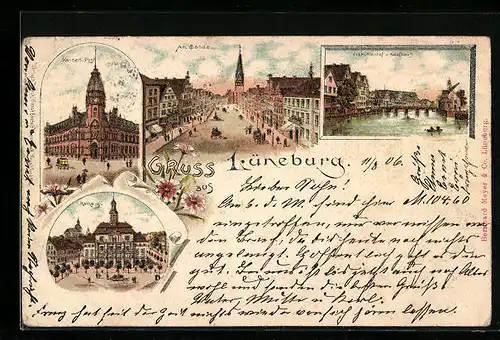 Lithographie Lüneburg, Am Sande, Kaiserl. Postamt, Rathaus