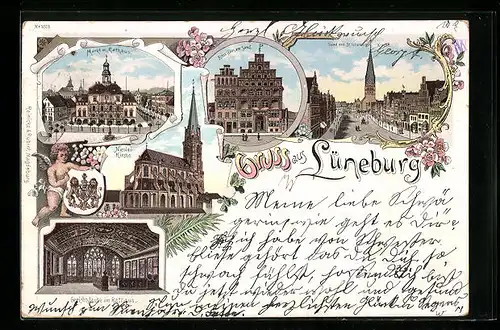 Lithographie Lüneburg, Markt mit Rathaus, Nicolai-Kirche, Gerichtslaube im Rathaus