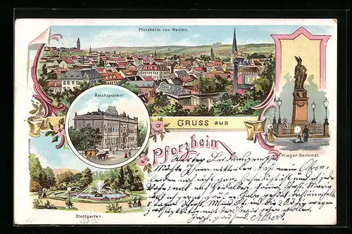 Lithographie Pforzheim, Ortsansicht von Westen, Reichspostamt, Stadtgarten