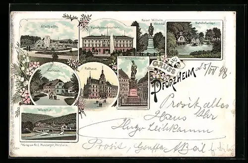 Lithographie Pforzheim, Rahtaus, Bahnhofanlage, Seehaus, Würmthal, Kunstgewerbeschule