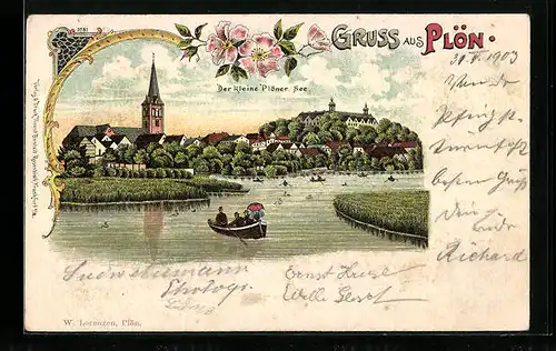 Lithographie Plön, Blick über den Kleinen Plöner See zur Kirche