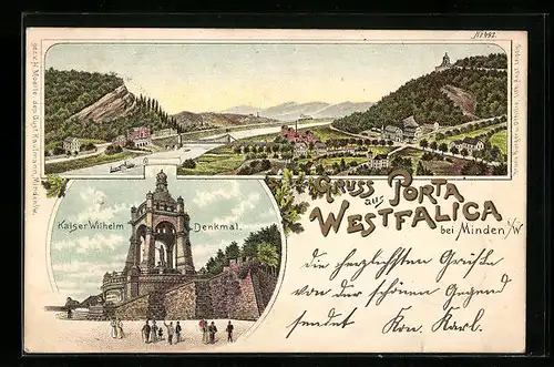 Lithographie Porta Westfalica b. Minden, Totalansicht mit goldener Sonne, Kaiser Wilhelm Denkmal