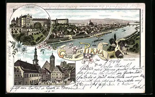 Lithographie Pirna, Gesamtansicht, Schloss & Markt-Platz