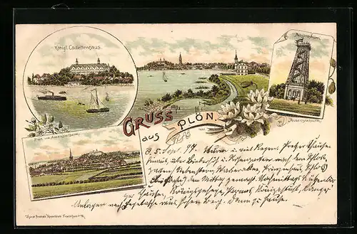 Lithographie Plön, Teilansicht, Aussichtsturm, Königliches Cadettenhaus