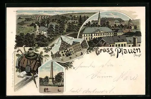 Lithographie Plauen i. Vogtl., Kriegerdenkmal, Schloss Plauen, Rathaus