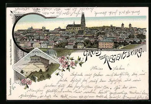 Lithographie Regensburg, Stadtansicht mit Dom und Walhalla