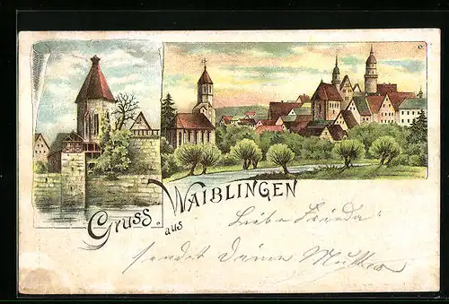 Lithographie Waiblingen, Totalansicht mit Uferpartie