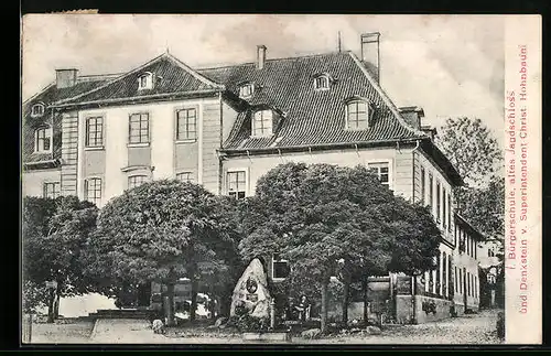 AK Rodach, Bürgerschule, Altes Jagdschloss und Denkstein v. Superintendent Christ. Hohnbaum