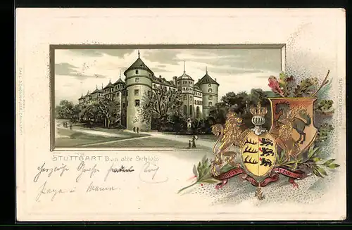 Passepartout-Lithographie Stuttgart, Blick zum alten Schloss, Wappen