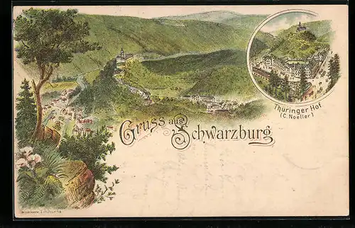 Vorläufer-Lithographie Schwarzburg, Thüringer Hof, Panorama 1895