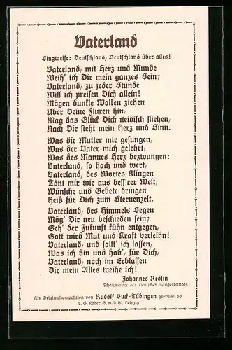 AK Hannover, Sängerfest 1924, Liedtext Vaterland, Ganzsache