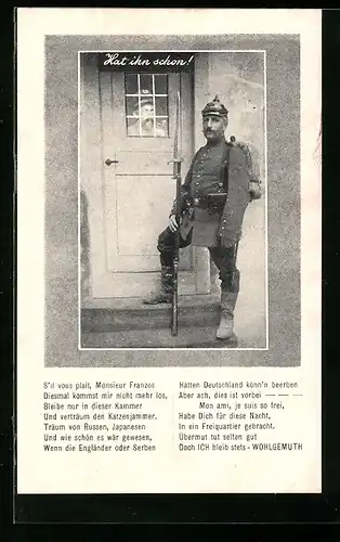 AK Soldat mit Pickelhaube setzt einen Franzosen gefangen, Propaganda 1. Weltkrieg