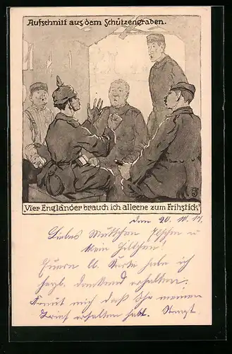 AK Soldaten im Schützengraben, Vier Engländer brauch ich alleene zum Frihstick Propaganda 1. Weltkrieg