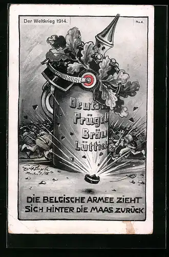 AK Pickelhaube mit Eichenlaub und Bierkrug, Weltkrieg 1914, Propaganda 1. Weltkrieg