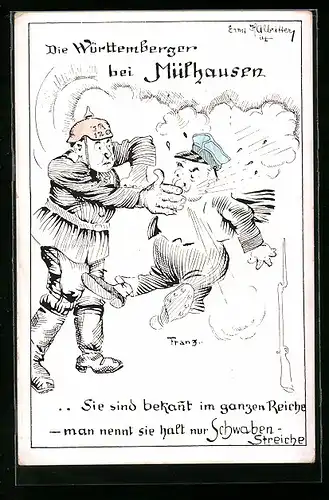 AK Soldat mit Pickelhaube stoppt einen schnaufenden Franzosen, Propaganda 1. Weltkrieg