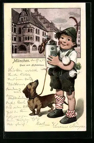 Präge-AK München, Münchner Hofbräuhaus, Junge in Tracht mit Bierkrug und Dackel