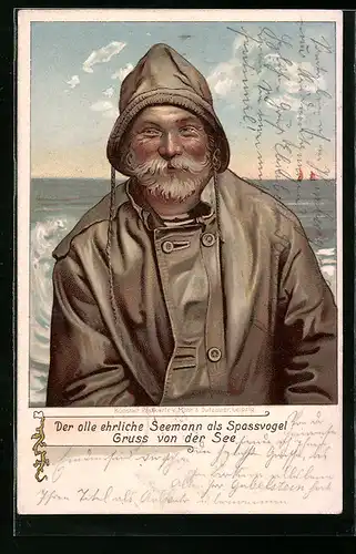 AK Fischer in Regenschutzkleidung vor dem Meer, Gruss von der See, Fischerei