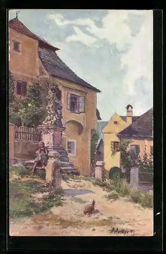 Künstler-AK E.F. Hofecker: Rossatz, Ortspartie