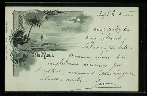 Mondschein-AK Sospel, Blick aufs Meer mit Palme und Segelboot