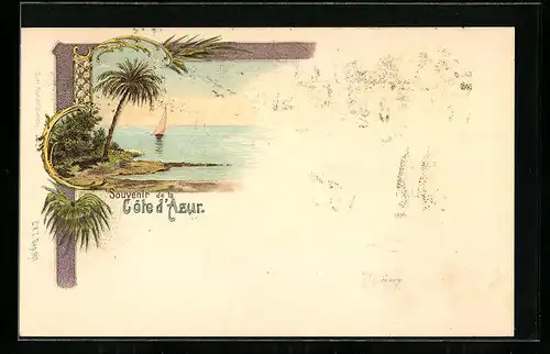 AK Sospel, Blicks aufs Meer mit Palme und Segelboot