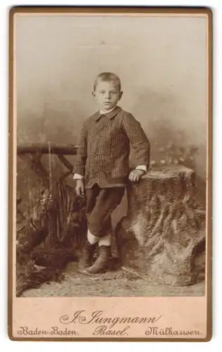 Fotografie J. Jungmann, Baden-Baden, Werderstr. 1, Junger Knabe im karrierten Hemd an einen Baumstamm abstützend