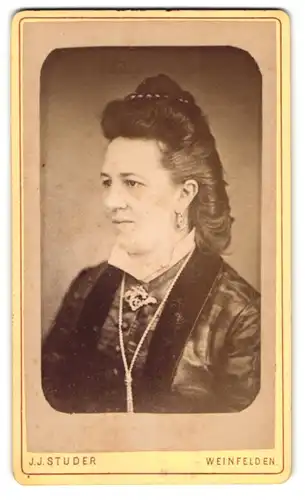 Fotografie J. J. Studer, Weinfelden, Bürgerliche Dame mit gebundenem Haar in elegantem Kleid