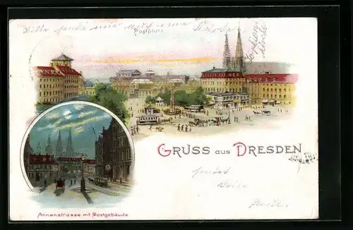 Lithographie Dresden, Annenstrasse mit Postgebäude