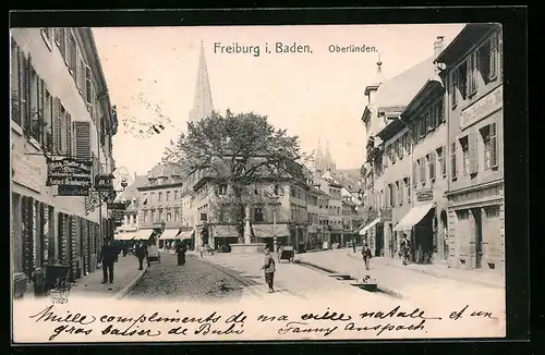 AK Freiburg i. Baden, Oberlinden mit Passanten