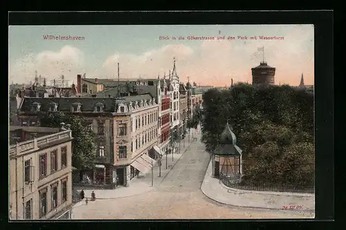 AK Wilhelmshaven, Blick in Gökerstrasse und Park mit Wasserturm