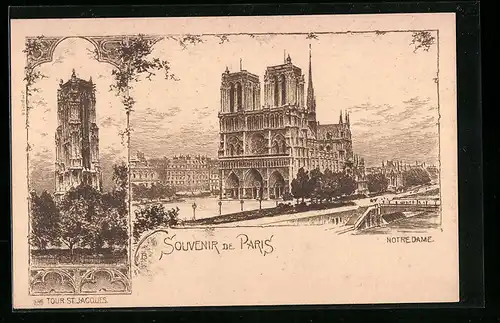 Künstler-AK Paris, Cathédrale Notre-Dame, Tour St. Jacques