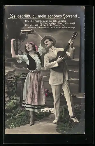 Foto-AK Photochemie Berlin Nr. 5266: Sei gegrüsst, du mein schönes Sorrent, Frau tanzt und Mann mit Gitarre