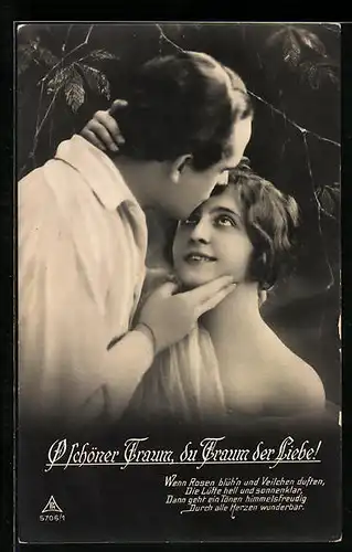 Foto-AK Photochemie Berlin Nr. 5706 /2: O Schöner Traum, du Traum der Liebe, Mann küsst Frau auf Stirn