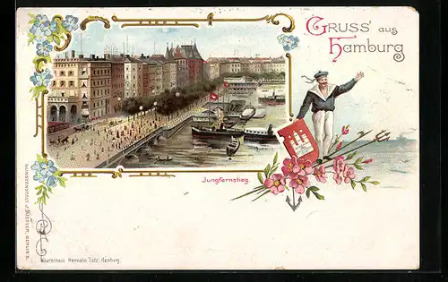 Lithographie Hamburg-Neustadt, Jungfernstieg, Matrose mit Stadtwappen