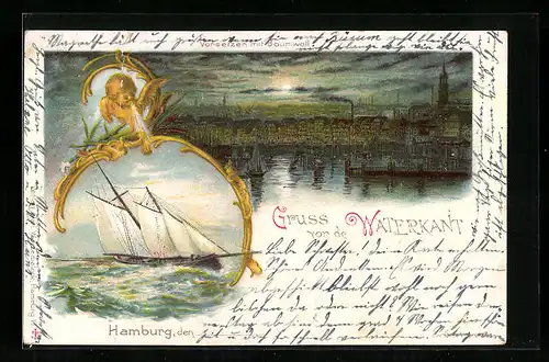 Lithographie Hamburg-Neustadt, Waterkant, Vorsetzen mit Baumwall, Engel und Segelschiff