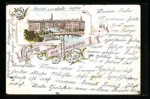 Lithographie Hamburg, Reesendammsbrücke und Alsterarkaden