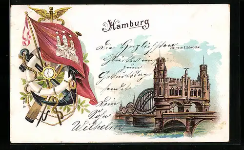 Lithographie Hamburg-Rothenburgsort, neue Elbbrücke, Rettungsring mit Anker und Stadtflagge