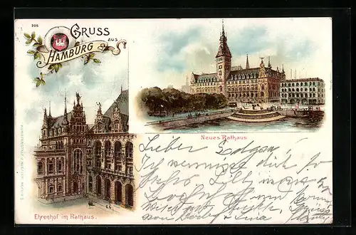 Lithographie Hamburg, Neues Rathaus, Ehrenhof des Rathauses