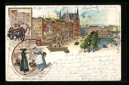 Lithographie Hamburg-Neustadt, Jungfernstieg, Milchkarren und Hamburger Dienstmädchen