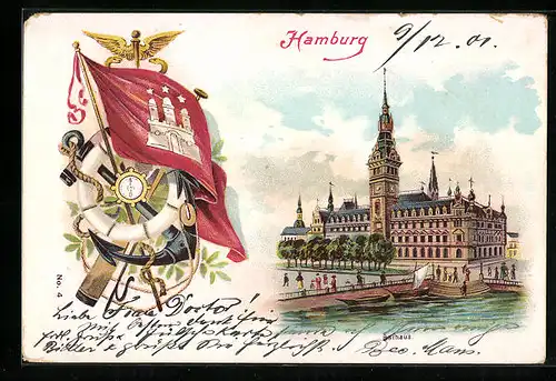 Lithographie Hamburg, Rathaus, Rettungsring mit Anker und Stadtflagge