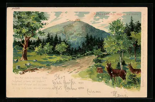 Lithographie Inselsberg, Landschaftsidylle mit Hirsch und Reh
