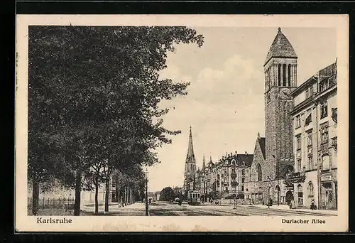 AK Karlsruhe, Durlacher Allee mit Strassenbahn