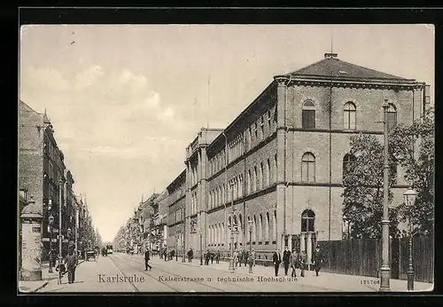 AK Karlsruhe, Kaiserstrasse mit technischer Hochschule, Strassenbahn im Hintergrund