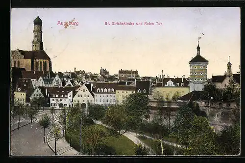 AK Augsburg, St. Ulrichskirche und Rotes Tor mit Umgebung