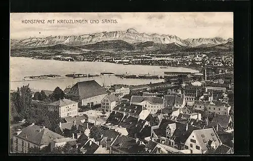 AK Konstanz, Ortsansicht mit Kreuzlingen und Säntis