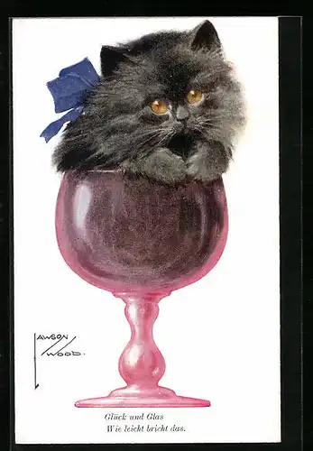 Künstler-AK Lawson Wood: Glück und Glas, wie leicht bricht das., graues Kätzchen in einem Glas